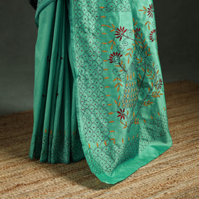 Green - Bengal Nakshi Kantha Hand Embroidered Silk Saree 23
