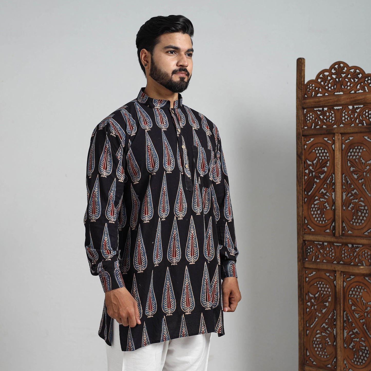 Ajrakh Block Printed Cotton Men Short Kurta 03