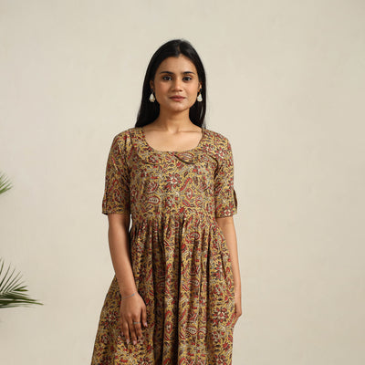 Pedana Block Print Cotton Flared Kalamkari Dress 06