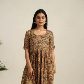 Buy Green Pedana Block Print Cotton Flared Kalamkari Dress
