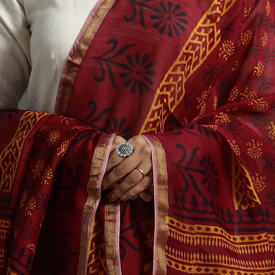 Red - Block Printed Chanderi Silk Bagru Dupatta 18