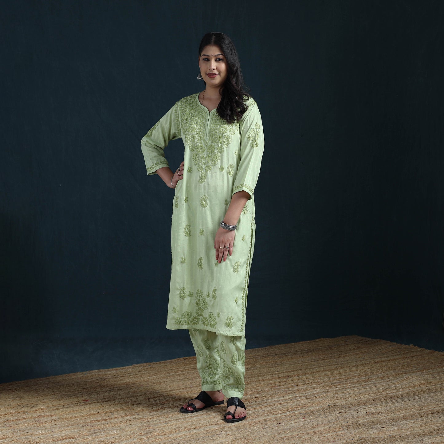 Green - Hand Embroidered Rayon Cotton Chikankari Kurta with Pant Set for Women 17