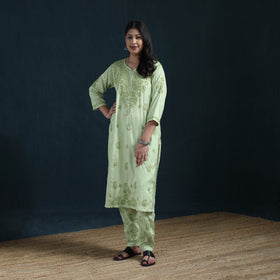 Green - Hand Embroidered Rayon Cotton Chikankari Kurta with Pant Set for Women 17