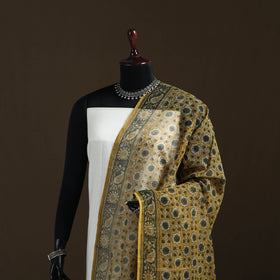 Yellow - Ajrakh Vanaspati Hand Block Print Natural Dyed Kota Doria Cotton Dupatta 10