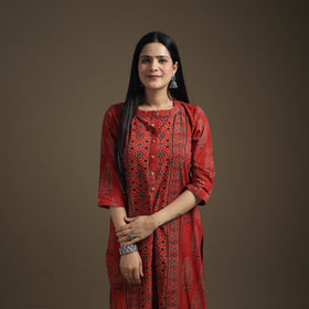 Hand Block Print Cotton Straight Long Ajrakh Kurta for Women 10