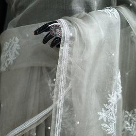Lucknowi Chikankari Heavy Bead Work Pure Organza Silk Saree 05