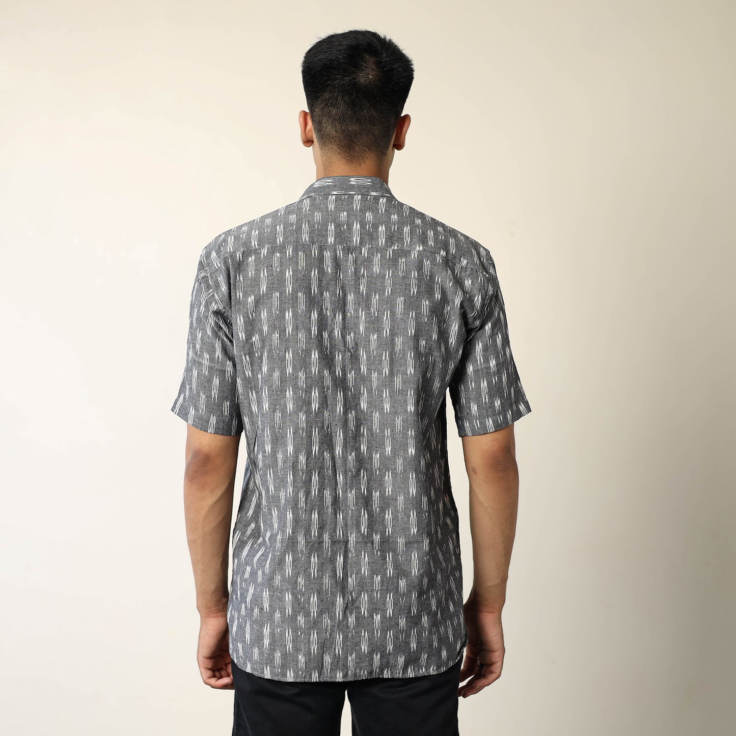 Grey - Pochampally Ikat Weave Cotton Men Half Sleeve Shirt 06