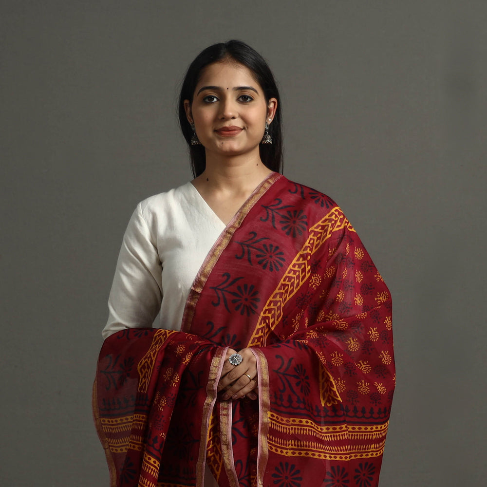 Red - Block Printed Chanderi Silk Bagru Dupatta 18