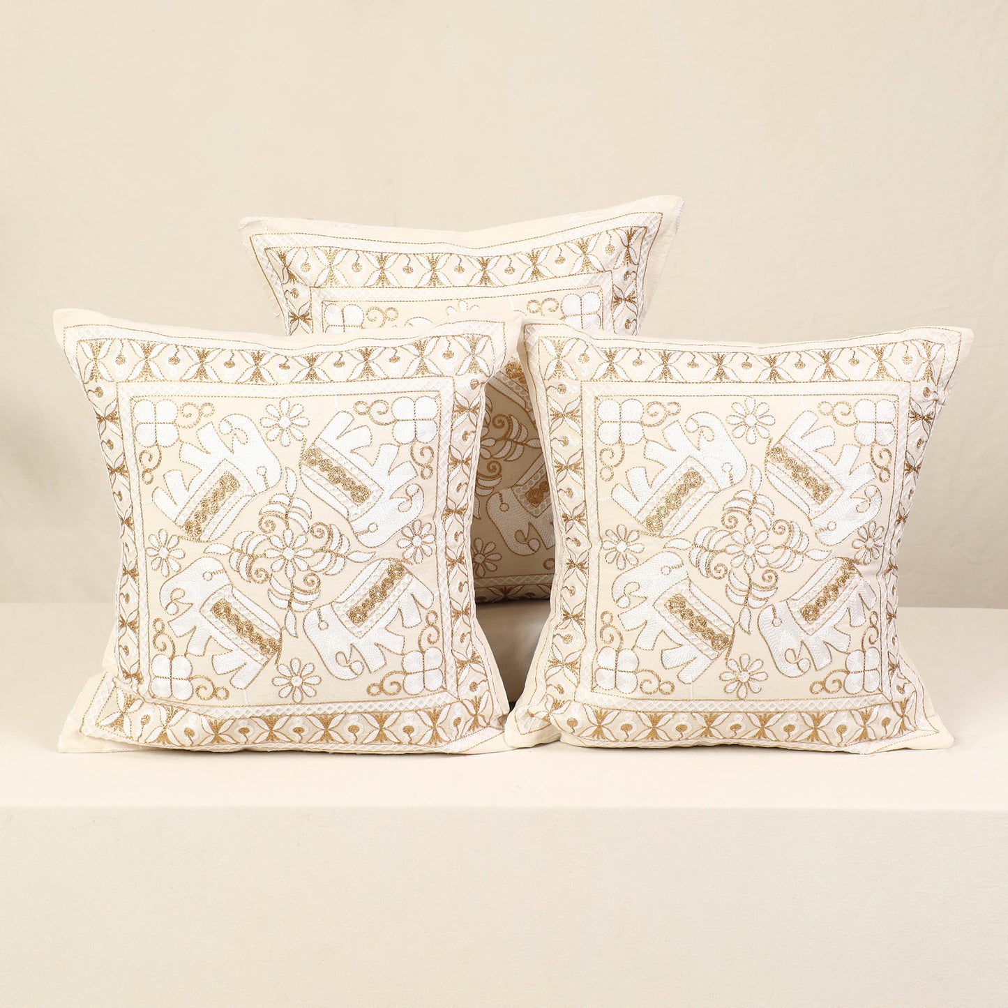 Beige - kutch aari hand embroidery cushion cover (set of 5)