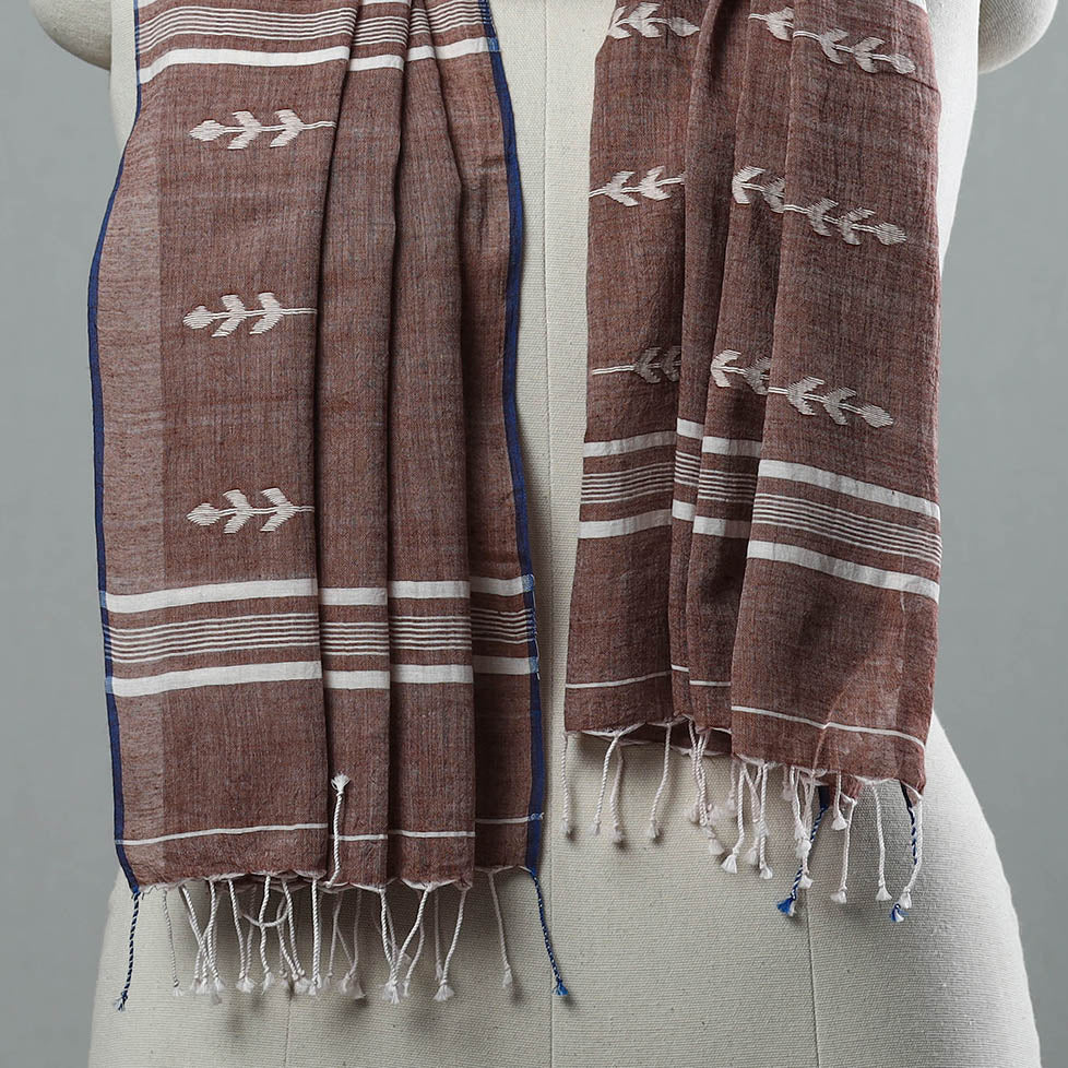 Brown - Burdwan Jamdani Cotton Handloom Stole with Tassels 22