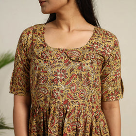 Buy Green Pedana Block Print Cotton Flared Kalamkari Dress