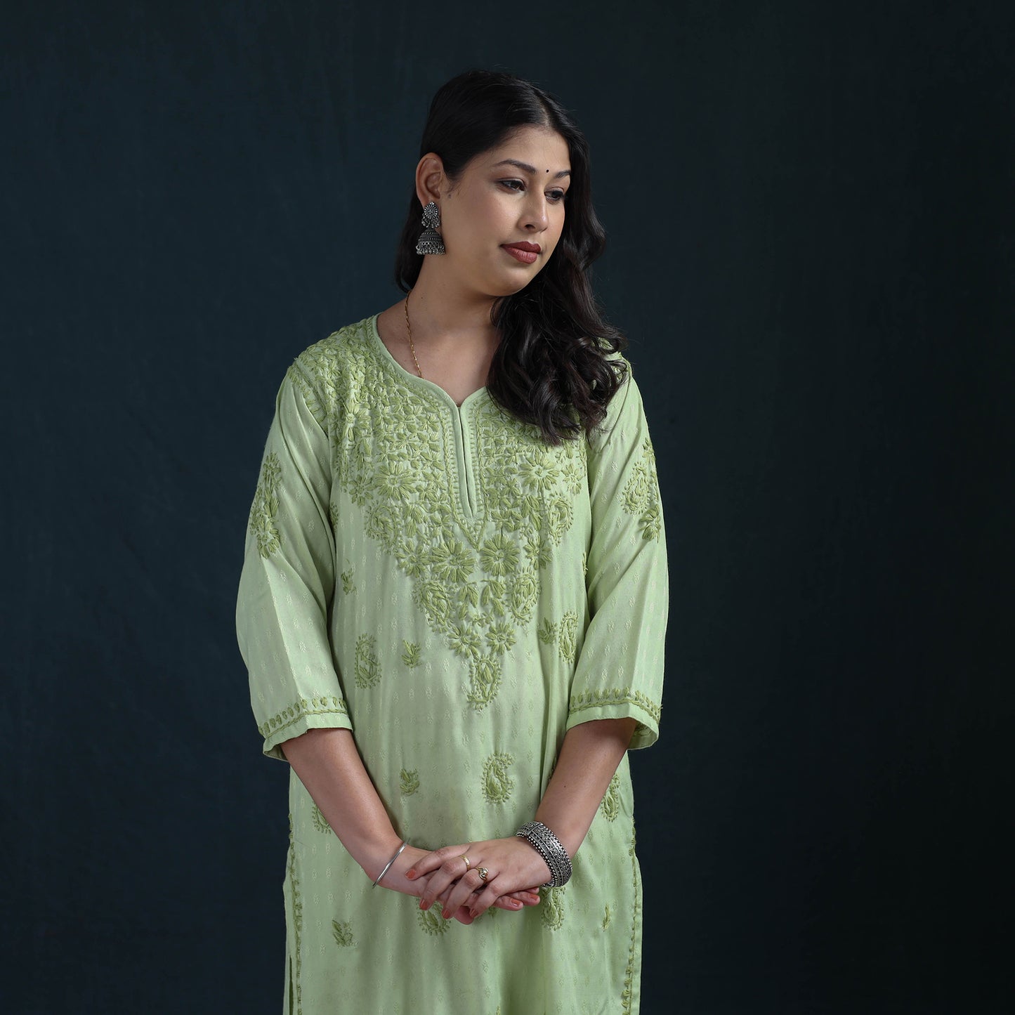 Green - Hand Embroidered Rayon Cotton Chikankari Kurta with Pant Set for Women 17