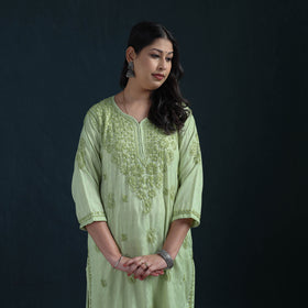 Green - Hand Embroidered Rayon Cotton Chikankari Kurta with Pant Set for Women 17