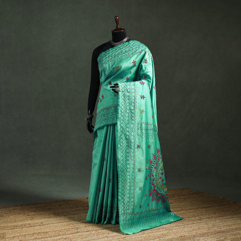 Green - Bengal Nakshi Kantha Hand Embroidered Silk Saree 24