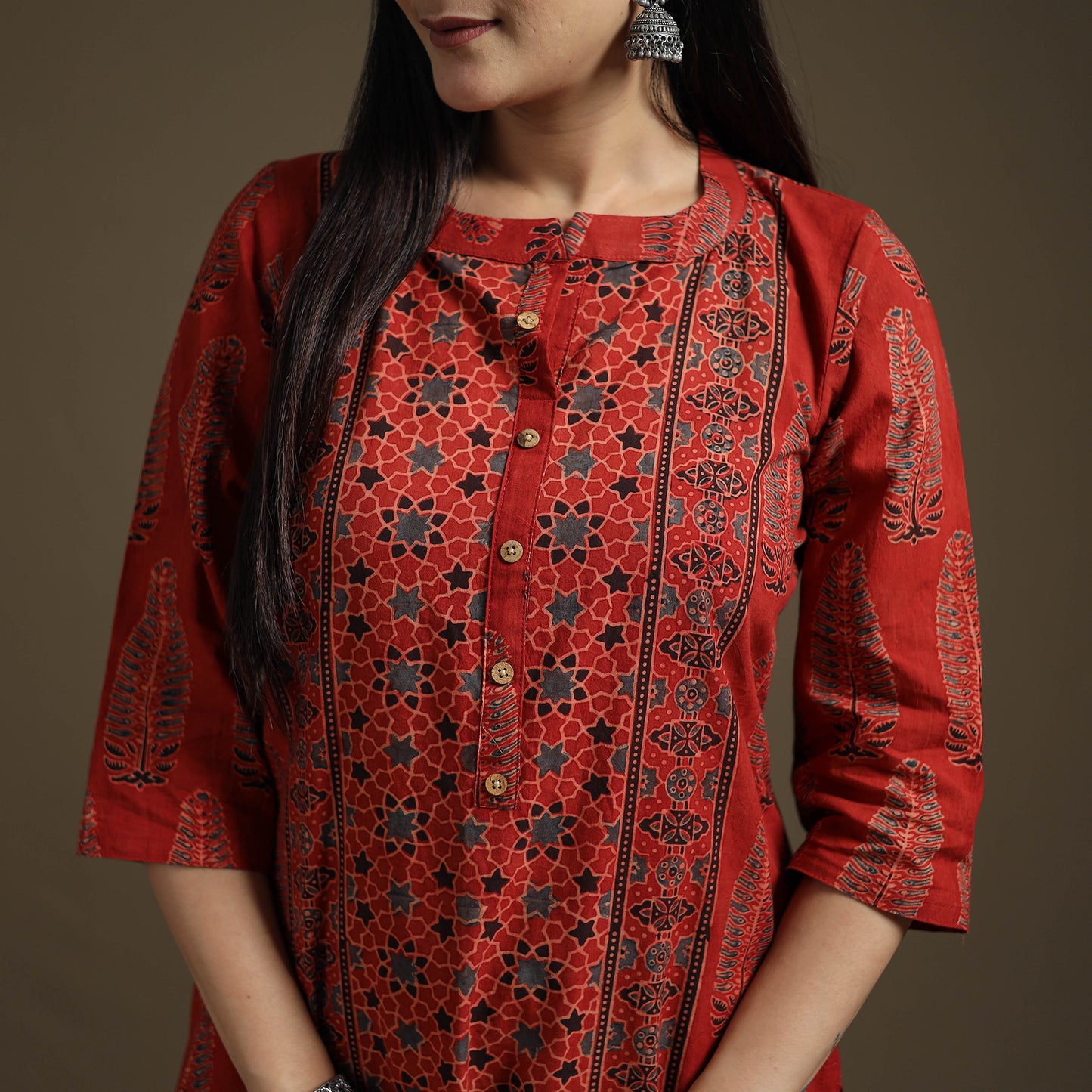 Hand Block Print Cotton Straight Long Ajrakh Kurta for Women 10