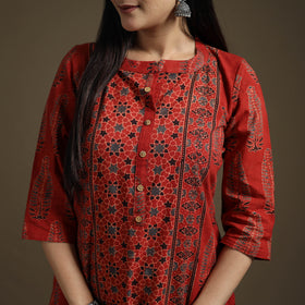 Hand Block Print Cotton Straight Long Ajrakh Kurta for Women 10
