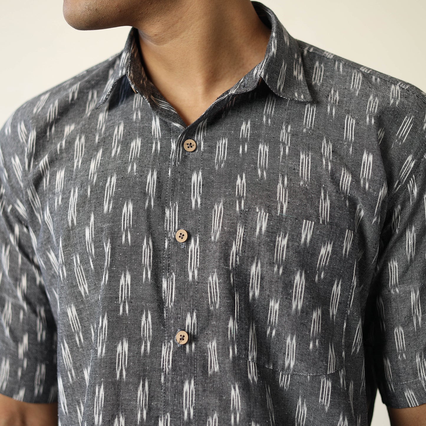 Grey - Pochampally Ikat Weave Cotton Men Half Sleeve Shirt 06