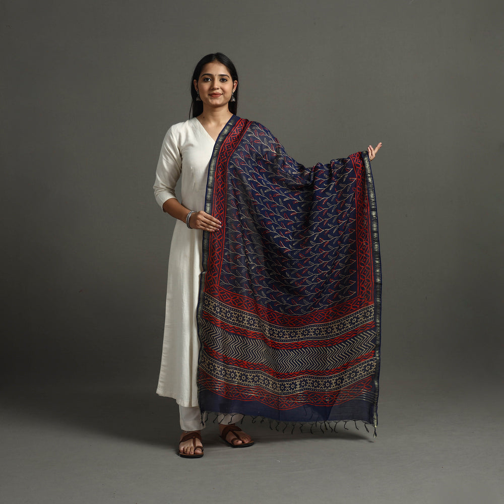 Blue - Block Printed Chanderi Silk Bagru Dupatta 20