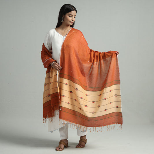Orange - Phulia Bengal Jamdani Handloom Pure Cotton Dupatta 10