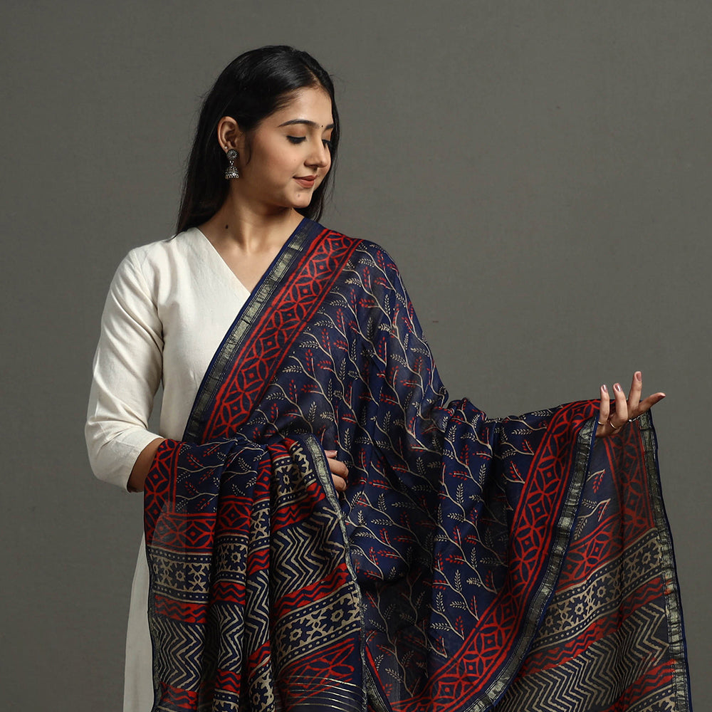 Blue - Block Printed Chanderi Silk Bagru Dupatta 20