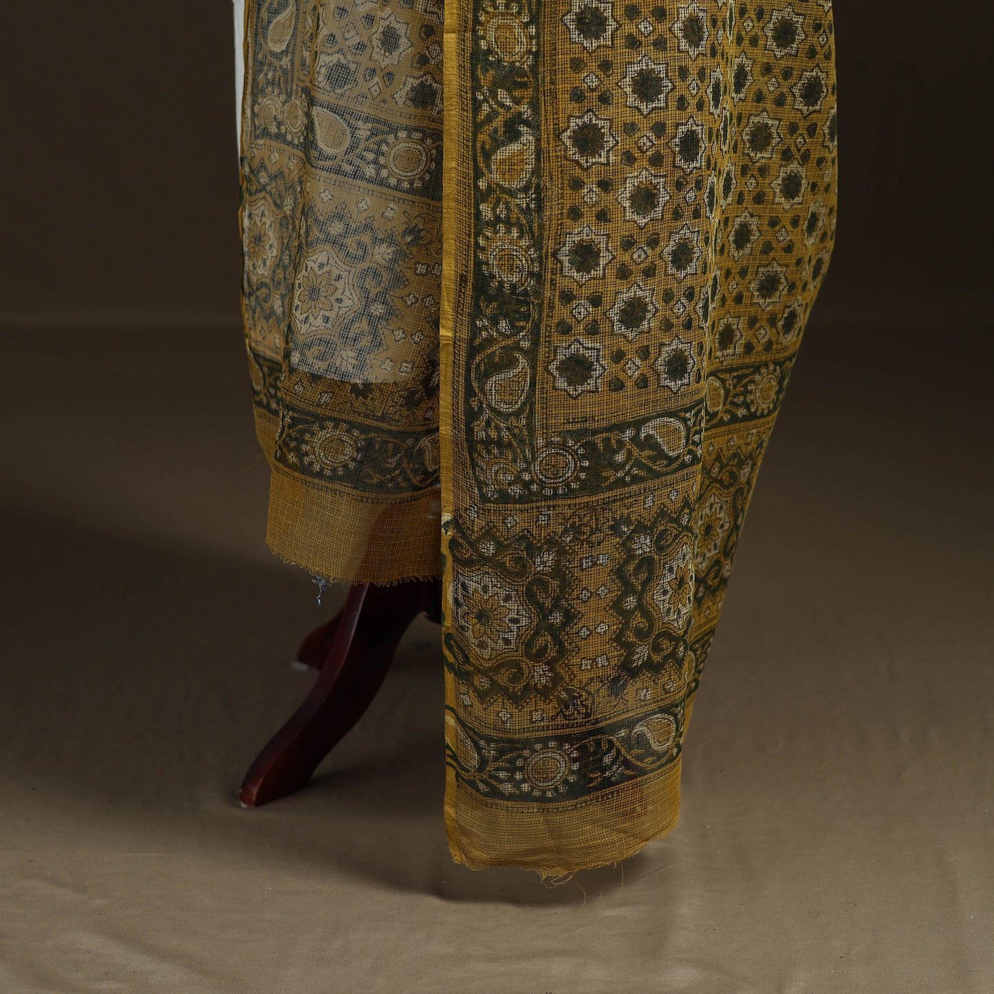 Yellow - Ajrakh Vanaspati Hand Block Print Natural Dyed Kota Doria Cotton Dupatta 10