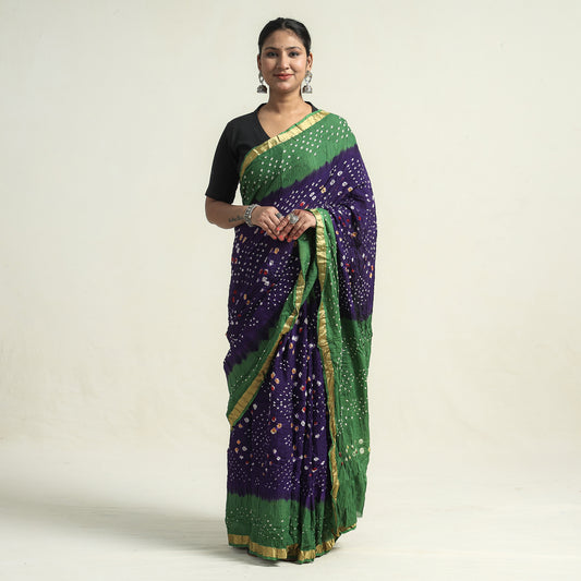 Purple - Kutch Bandhani Tie-Dye Cotton Saree with Blouse Piece