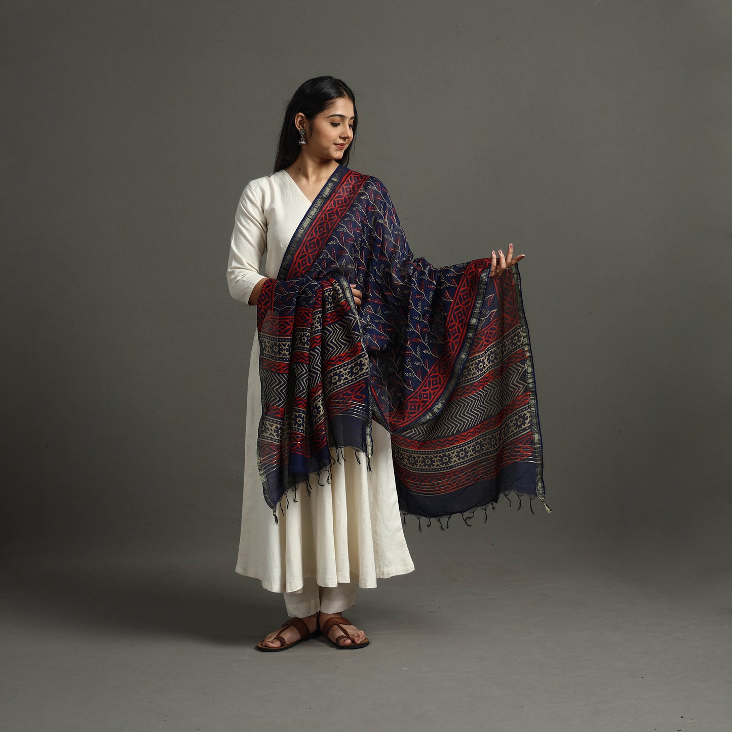 Blue - Block Printed Chanderi Silk Bagru Dupatta 20