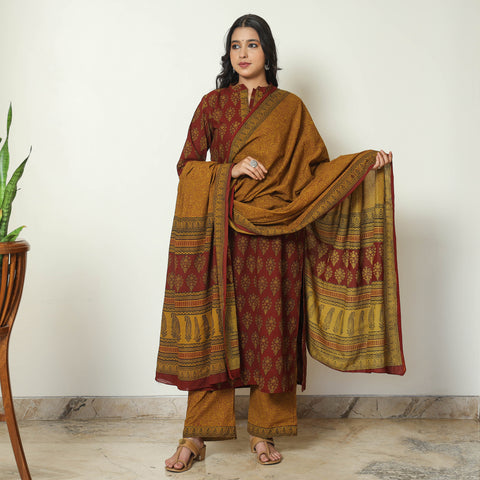 Red - Bagh Block Printed Cotton Kurta with Palazzo & Dupatta Set 15