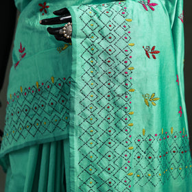 Green - Bengal Nakshi Kantha Hand Embroidered Silk Saree 24