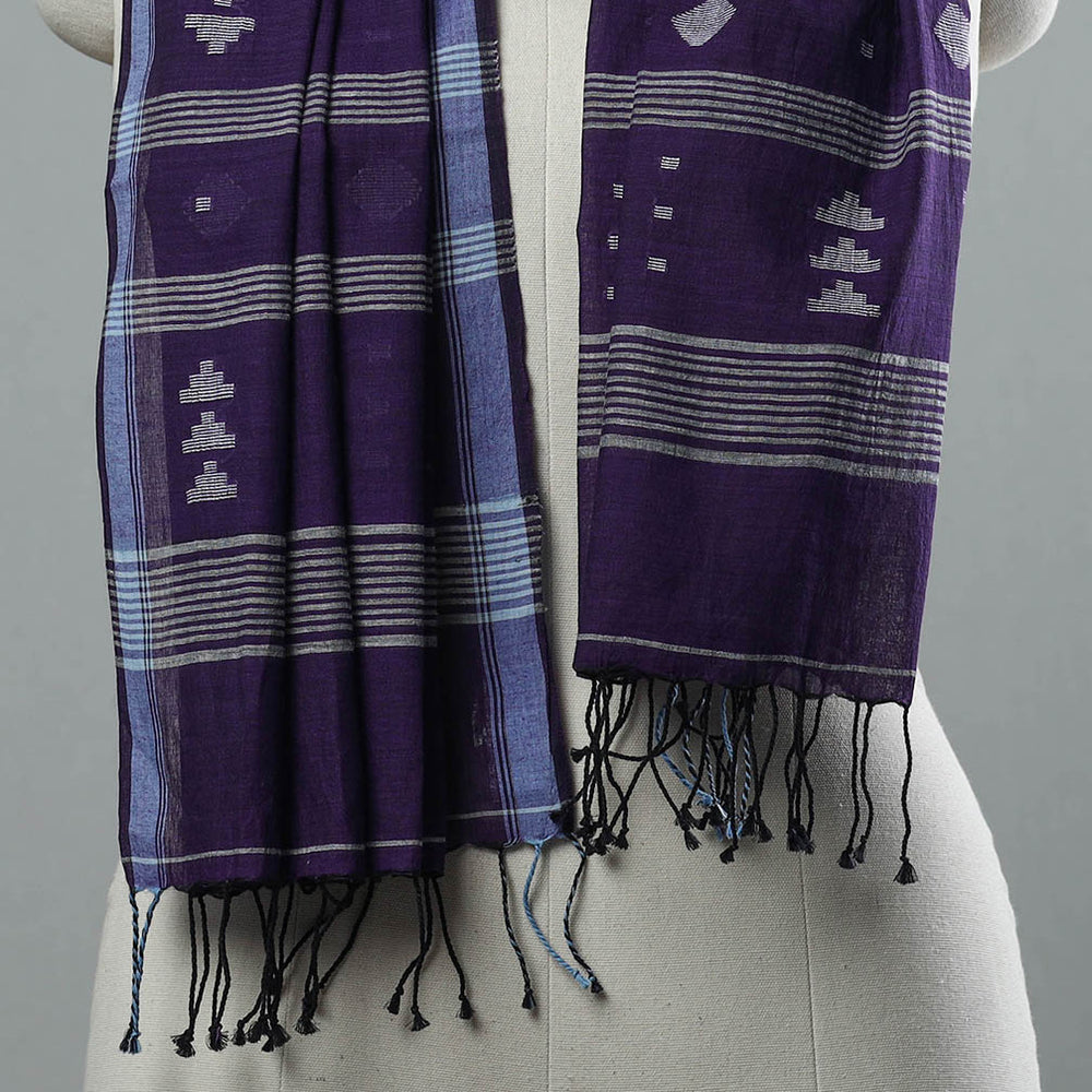 Purple - Burdwan Jamdani Cotton Handloom Stole with Tassels 19