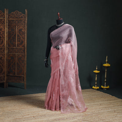 Lucknowi Chikankari Heavy Bead Work Pure Organza Silk Saree 06