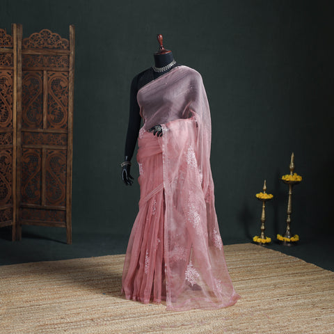 Lucknowi Chikankari Heavy Bead Work Pure Organza Silk Saree 06