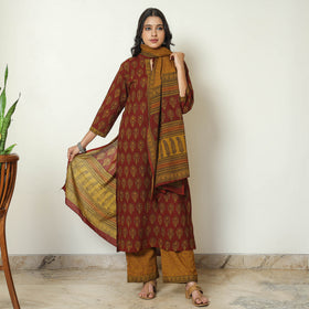 Red - Bagh Block Printed Cotton Kurta with Palazzo & Dupatta Set 15