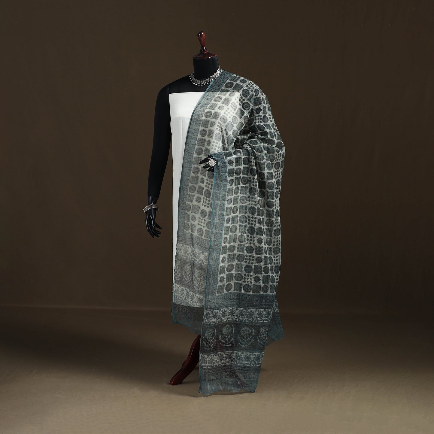 Grey - Gray - Ajrakh Vanaspati Hand Block Print Natural Dyed Kota Doria Cotton Dupatta 11