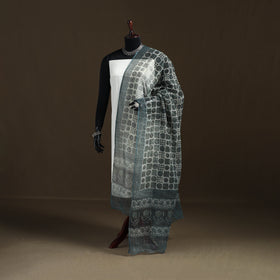 Grey - Gray - Ajrakh Vanaspati Hand Block Print Natural Dyed Kota Doria Cotton Dupatta 11