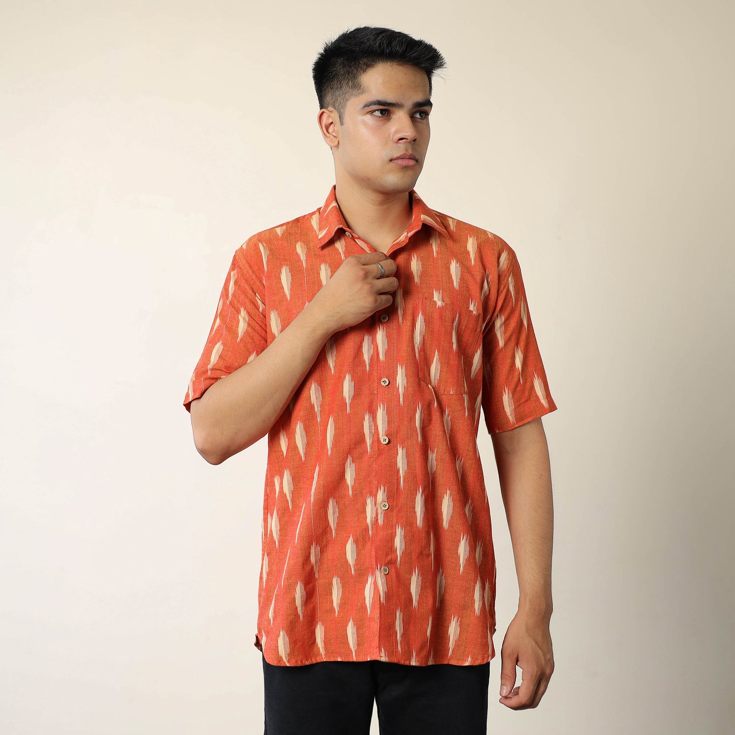 Orange - Pochampally Ikat Weave Cotton Men Half Sleeve Shirt 07