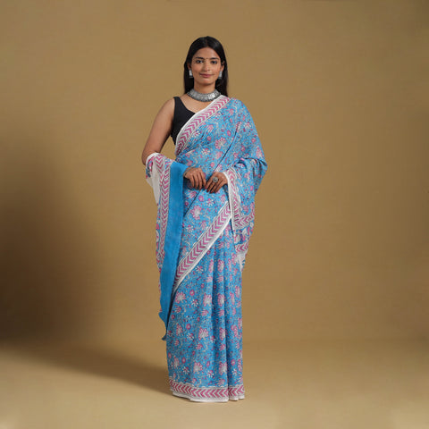 Blue - Block Print Mul Cotton Sanganeri Saree 06