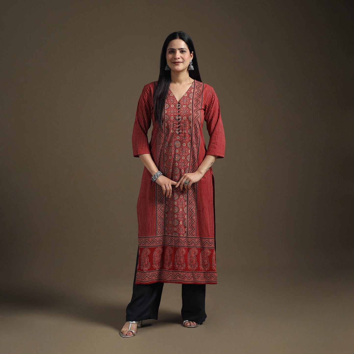 Hand Block Print Cotton Straight Long Ajrakh Kurta for Women 04