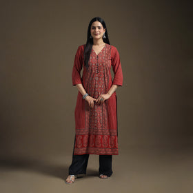 Hand Block Print Cotton Straight Long Ajrakh Kurta for Women 04