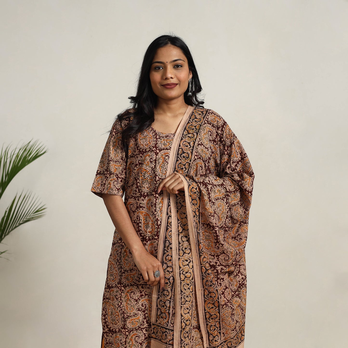 Brown - printed cotton kalamkari kurta set 14 - handcrafted