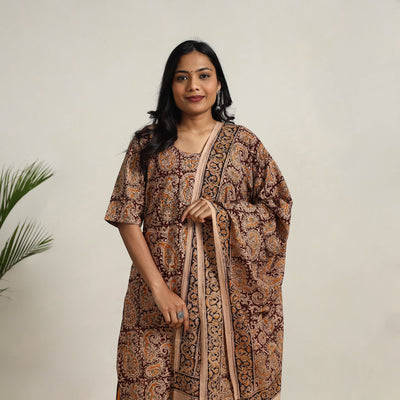 Brown - printed cotton kalamkari kurta set 14 - handcrafted