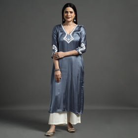 Buy Navy Blue Modal Silk Hand Embroidered Long Kurta l iTokri.com