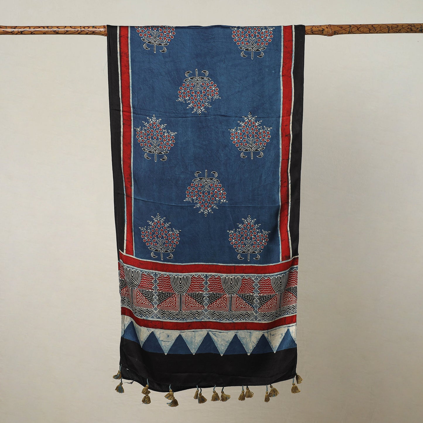 Blue - Ajrakh Block Printed Modal Silk Stole with Tassels 11