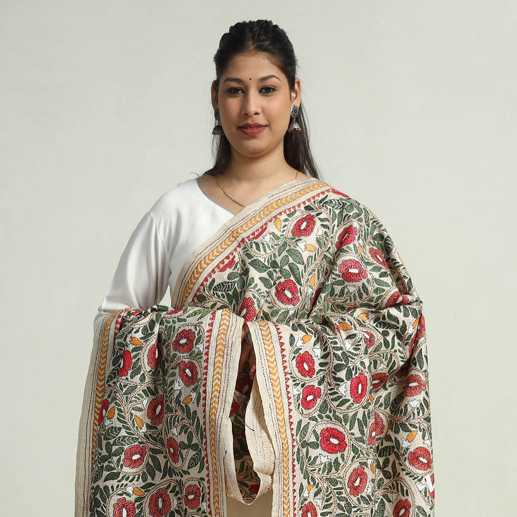 Bengal Kantha Hand Embroidery Tussar Silk Handloom Dupatta 15