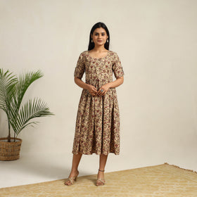 Buy Beige Pedana Block Print Cotton Flared Kalamkari Dress