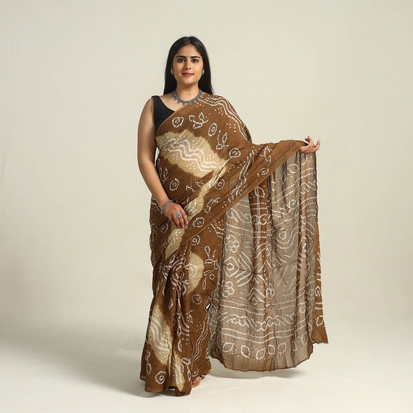 Brown - kutch bandhani tie-dye cotton saree with blouse