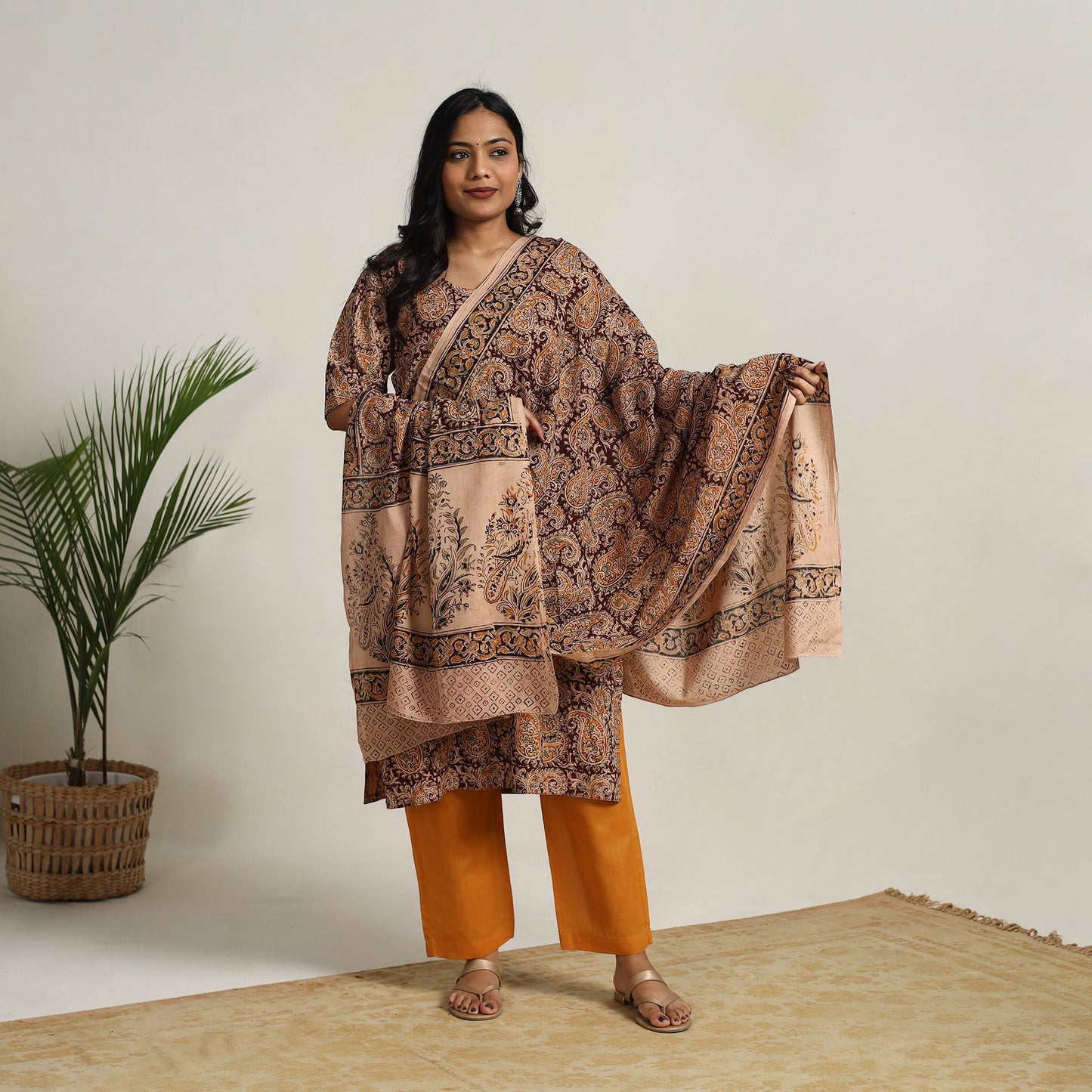 Brown - printed cotton kalamkari kurta set 14 - handcrafted
