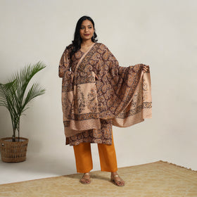Brown - printed cotton kalamkari kurta set 14 - handcrafted