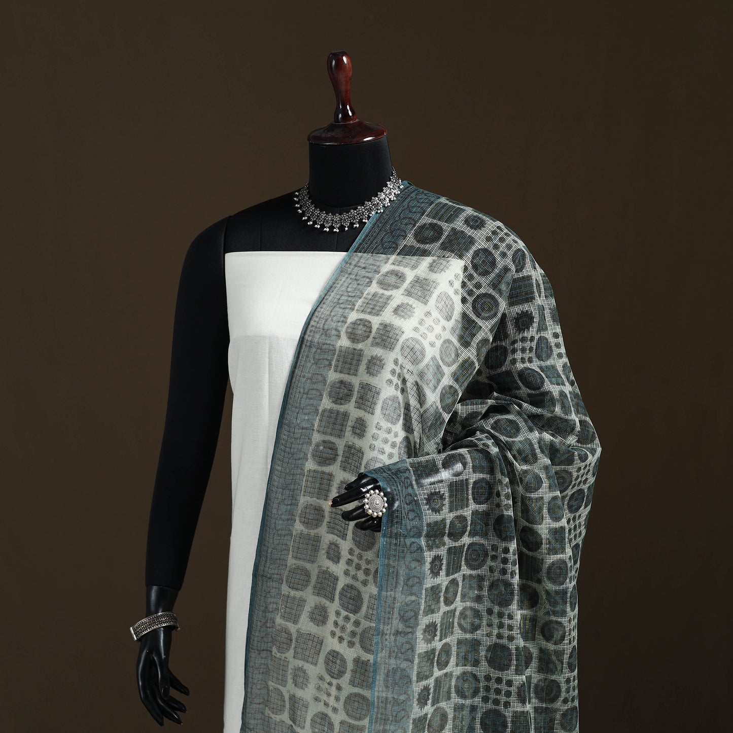 Grey - Gray - Ajrakh Vanaspati Hand Block Print Natural Dyed Kota Doria Cotton Dupatta 11