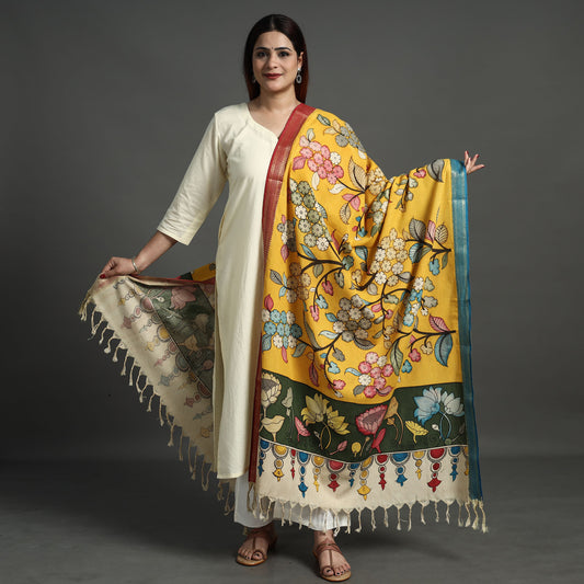 Yellow - Srikalahasti Pen Work Kalamkari Cotton Handpainted Zari Border Dupatta with Tassels 112